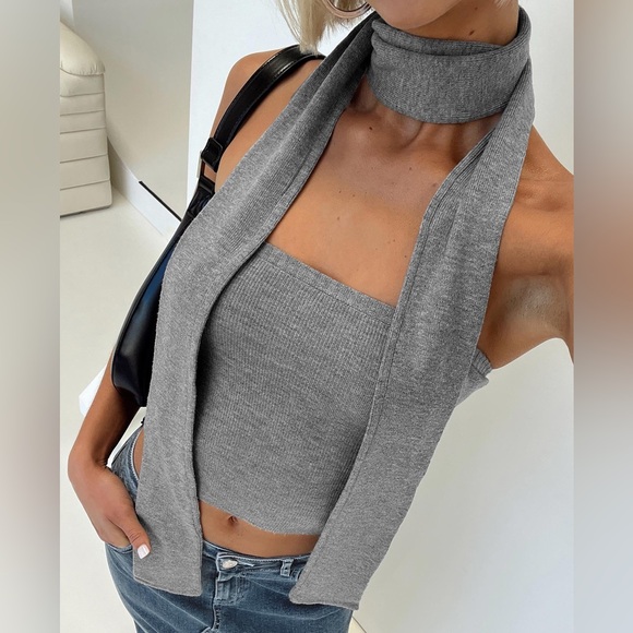 Princess Polly Tops - Princess Polly Gray Ribbed Tank Top with Scarf
